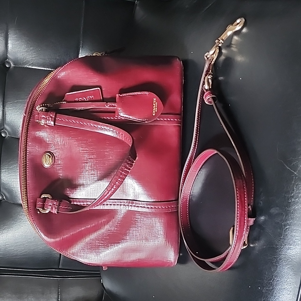 Coach Leather Peyton Cora Domed Satchel Crossbody Purse Deep Burgundy Maroon Red